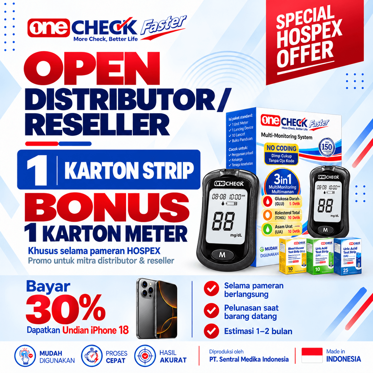 Poster promo Hospital Expo Onecheck untuk distributor dan reseller: beli 1 karton strip bonus 1 karton meter, bayar 30% dan dapatkan undian iPhone 18.